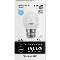 Лампочка Gauss LED ELEMENTARY G45 6W 6500K E27 53236